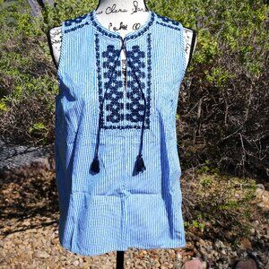 J.Crew Blue & White Striped Embroidered Sleeveless Top